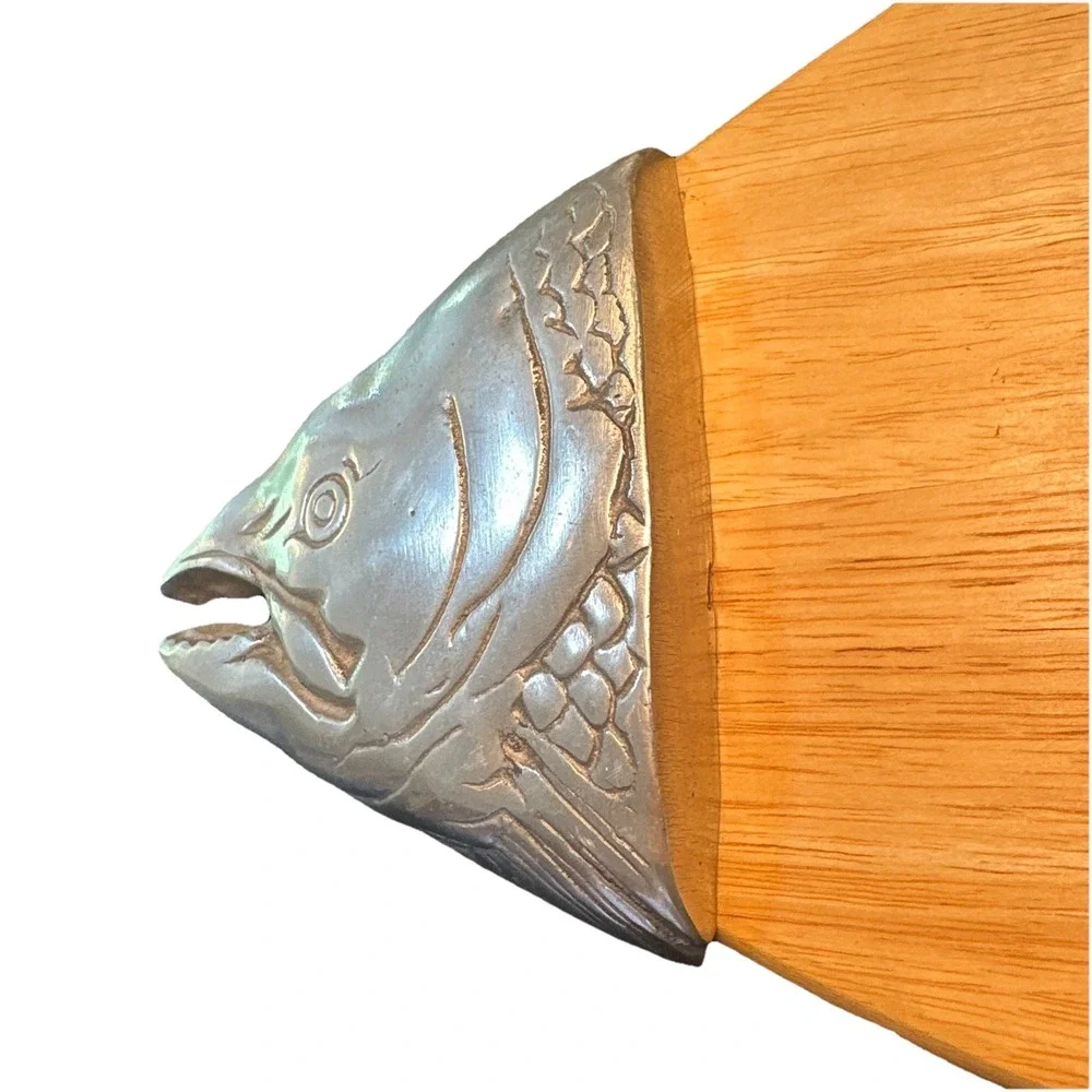 Vintage Salmon‎ Fish Wood And Pewter Cutting Board Charcuterie Serving Tray 26